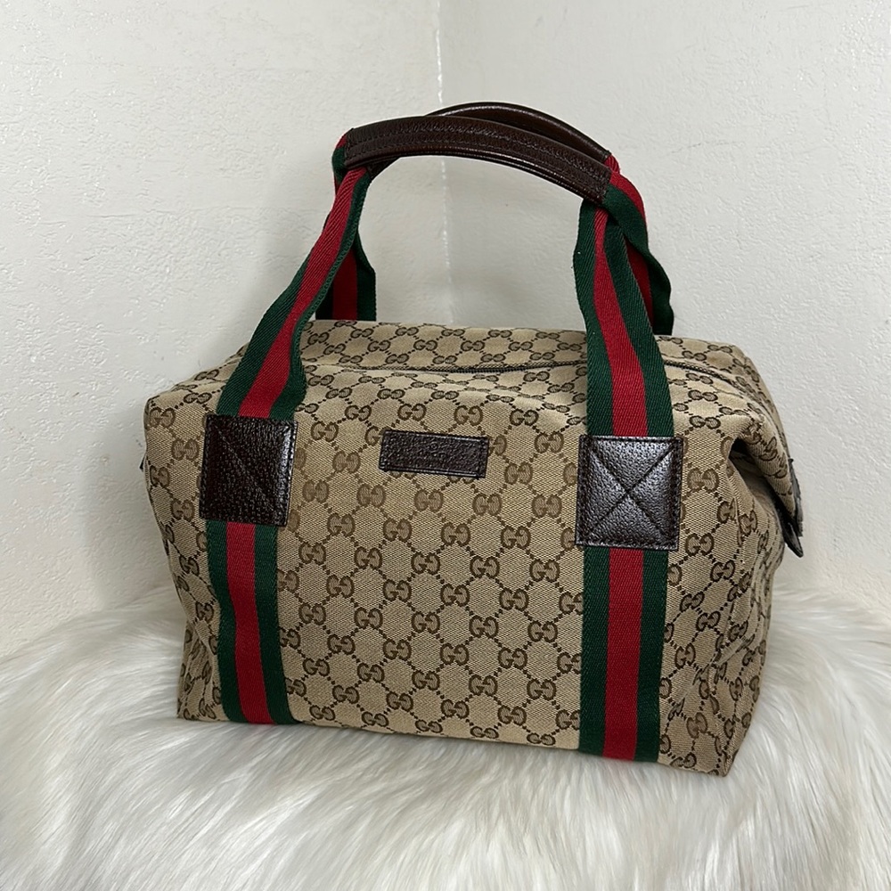 Gucci Beige GG Canvas Tote with Green and Red Stripe